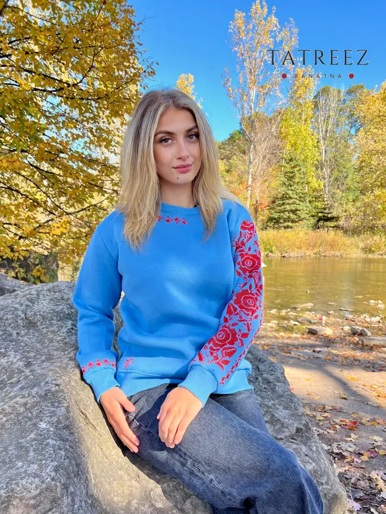 Bright Blue Cotton Sweatshirt with Unique Red Embroidery – A Blend of Heritage and Modern Style Clothing & Wearables