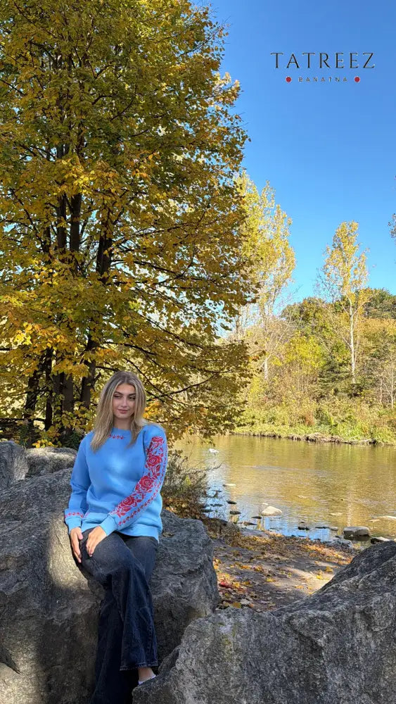 Bright Blue Cotton Sweatshirt with Unique Red Embroidery – A Blend of Heritage and Modern Style Clothing & Wearables