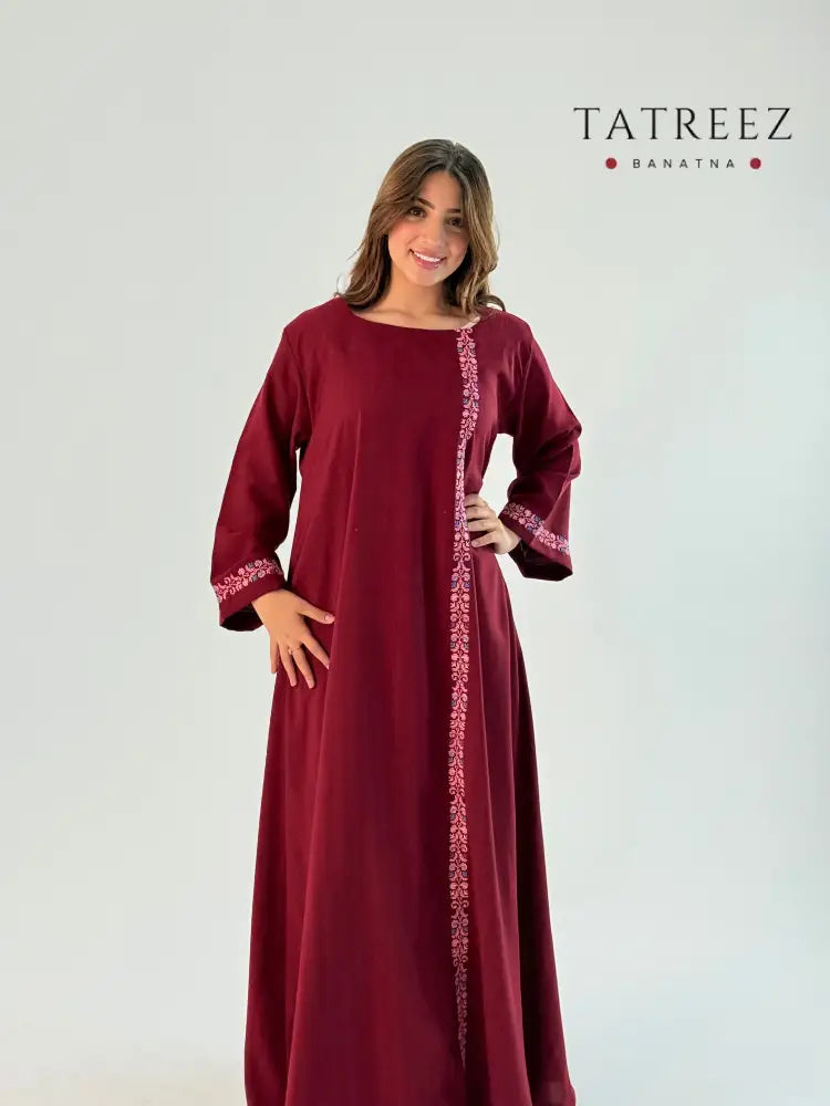 Elegant Burgundy Abaya with Exquisite Handmade Embroidery | Perfect Fit for All Sizes One size Clothing & Wearables