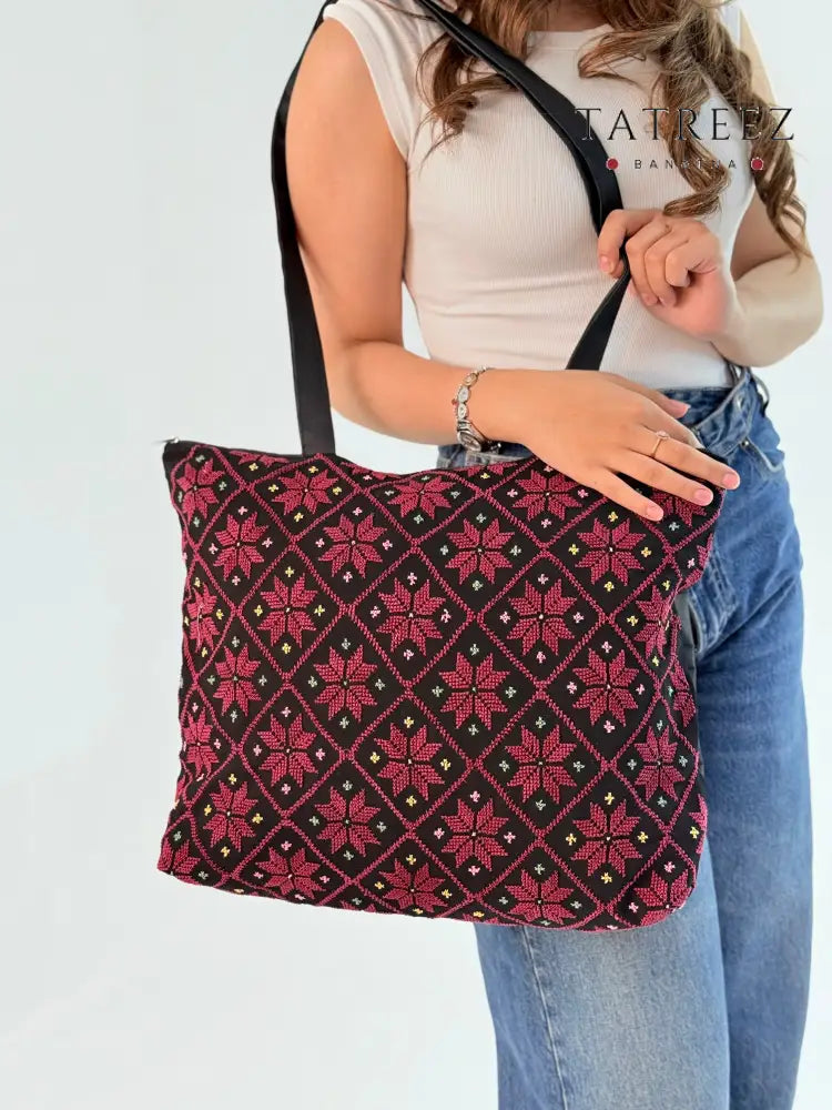 Spacious Burgundy and Black Flower-Embroidered Tote Bag for Laptops and Storage Accessories