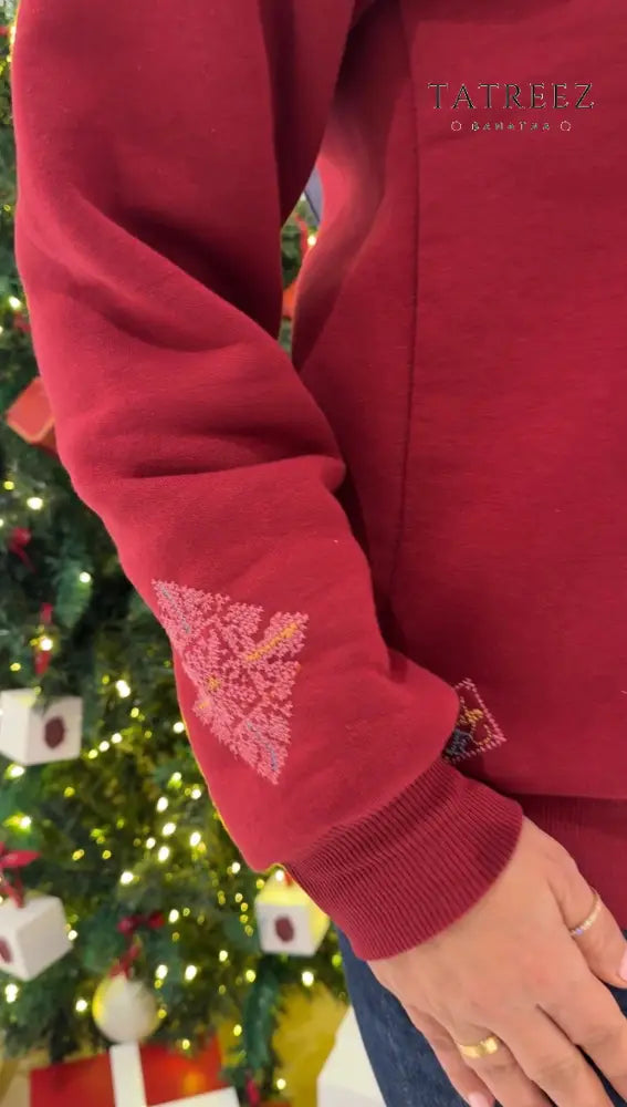 Handmade Burgundy Sweatshirt with Turquoise and Pink Embroidery | Unique Cozy Fashion Clothing & Wearables