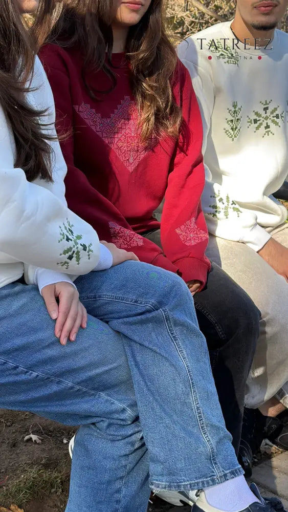 Handmade Burgundy Sweatshirt with Turquoise and Pink Embroidery | Unique Cozy Fashion Clothing & Wearables