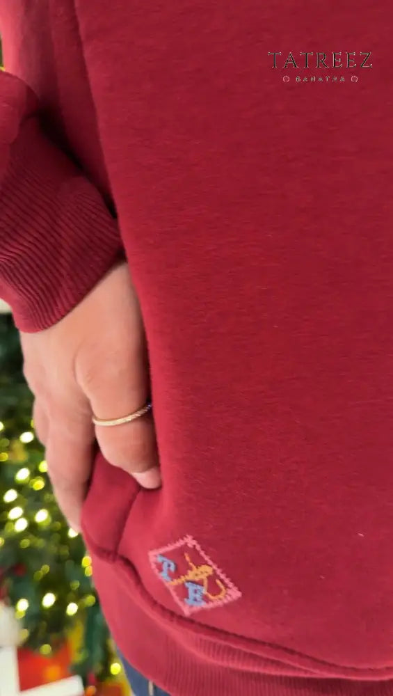 Handmade Burgundy Sweatshirt with Turquoise and Pink Embroidery | Unique Cozy Fashion Clothing & Wearables