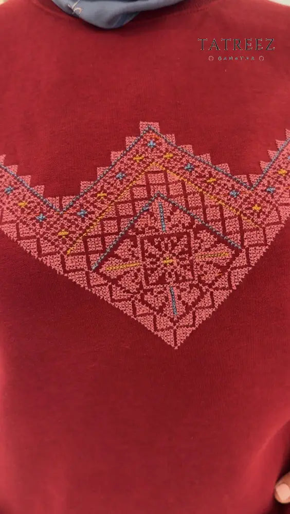 Handmade Burgundy Sweatshirt with Turquoise and Pink Embroidery | Unique Cozy Fashion Clothing & Wearables