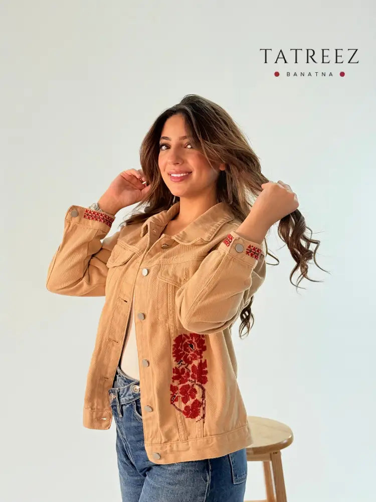 Chic Beige Jeans Jacket with Beautiful Handmade Floral Embroidery | Unique Artisan Fashion Clothing & Wearables