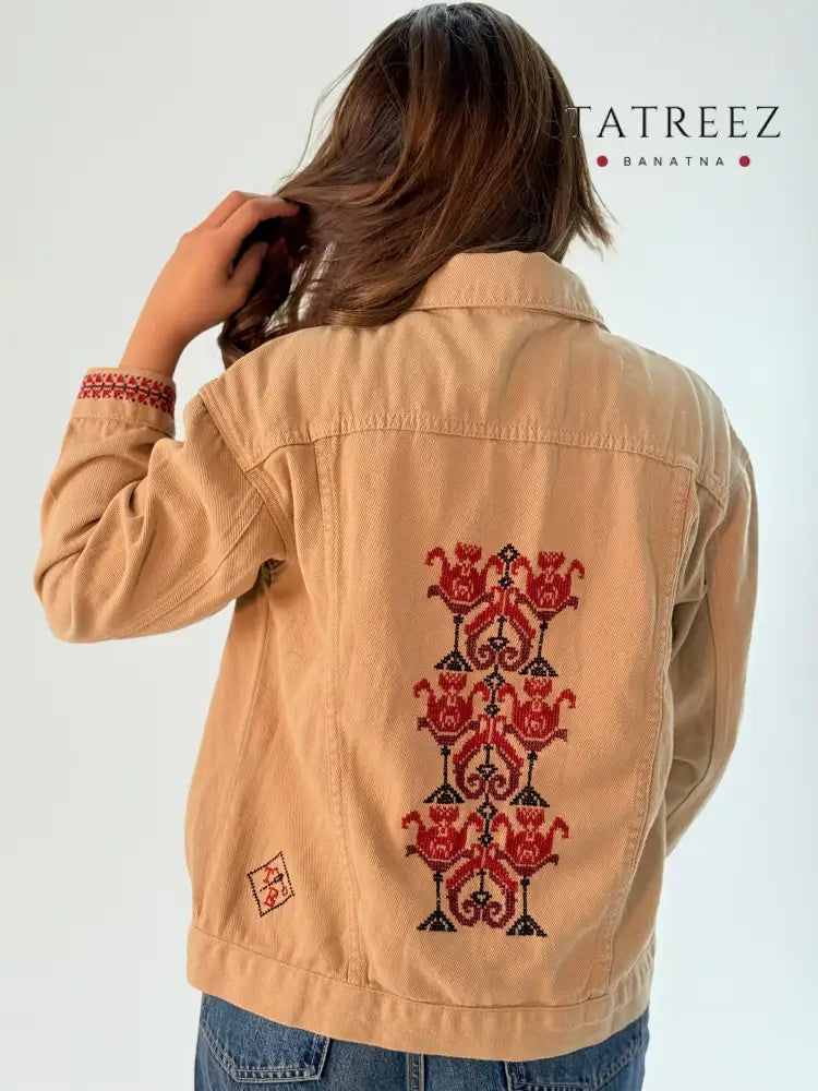 Chic Beige Jeans Jacket with Beautiful Handmade Floral Embroidery | Unique Artisan Fashion Clothing & Wearables