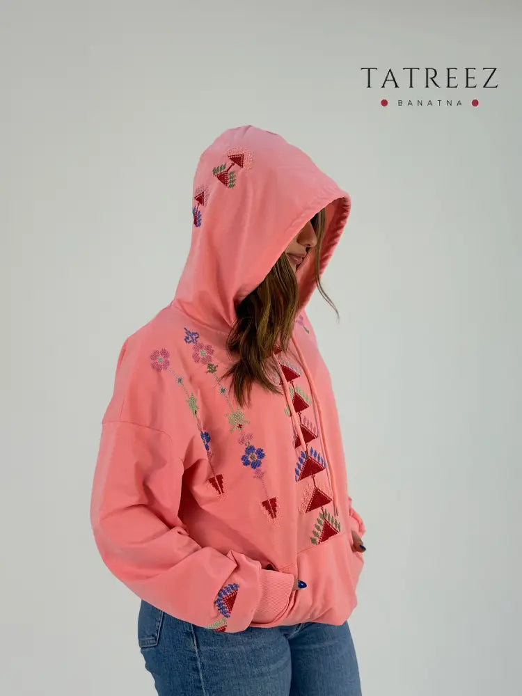 Chic Pink Hoodie with Handmade Palestinian Embroidery – Embrace Tradition in Style Clothing & Wearables