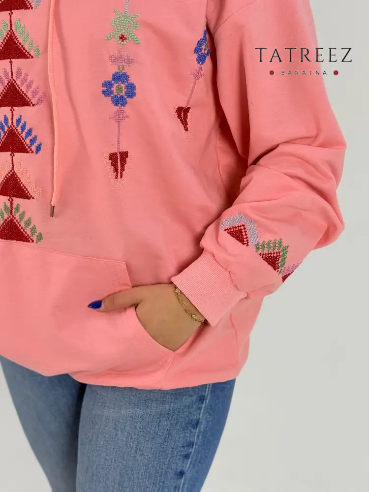 Chic Pink Hoodie with Handmade Palestinian Embroidery – Embrace Tradition in Style Clothing & Wearables