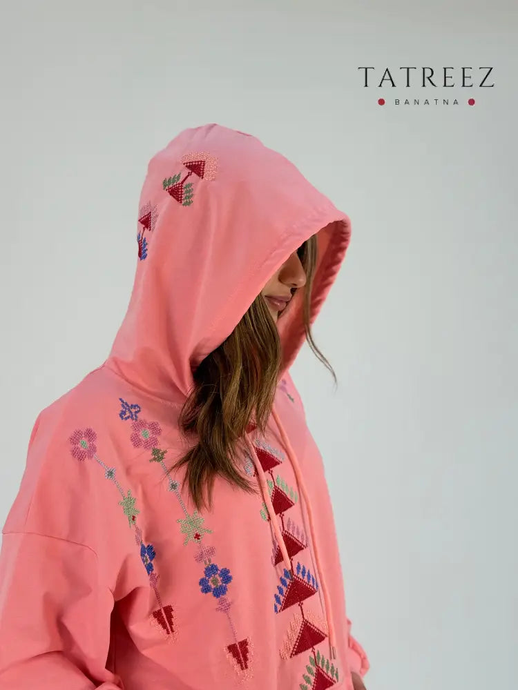 Chic Pink Hoodie with Handmade Palestinian Embroidery – Embrace Tradition in Style Clothing & Wearables