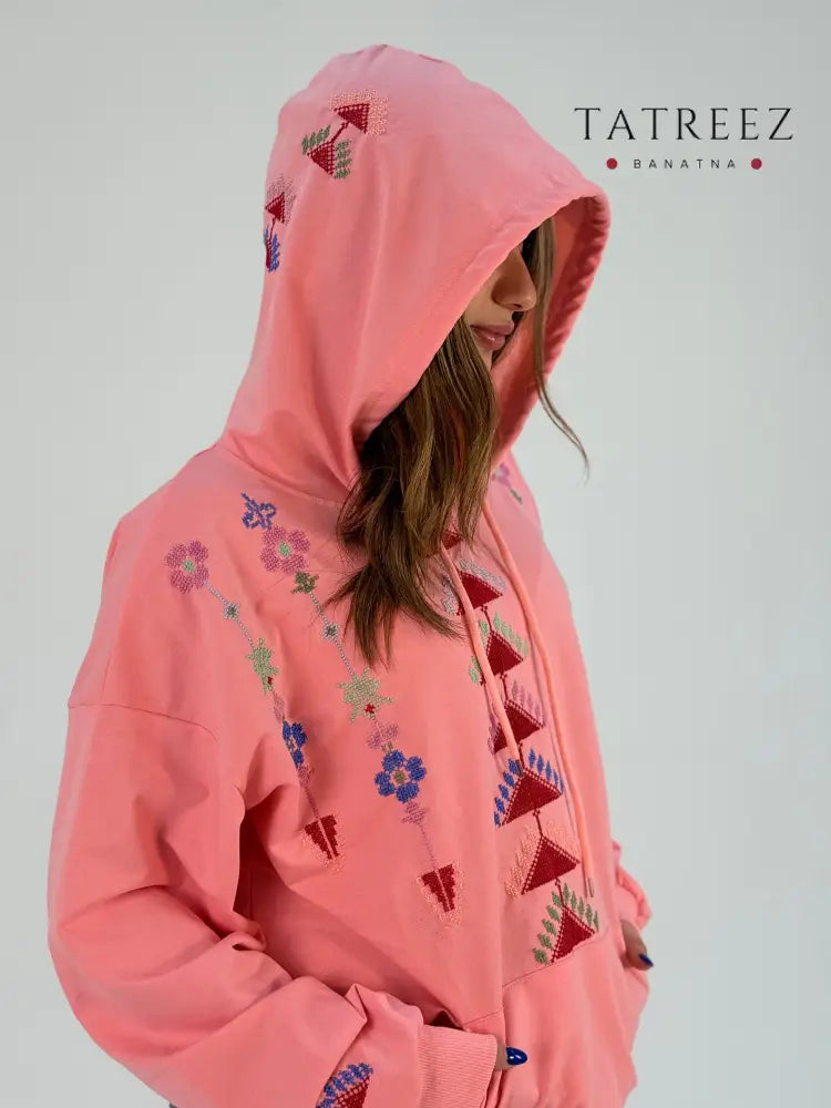 Chic Pink Hoodie with Handmade Palestinian Embroidery – Embrace Tradition in Style Clothing & Wearables