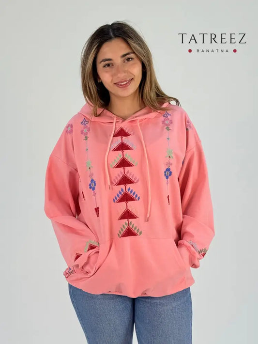Chic Pink Hoodie with Handmade Palestinian Embroidery – Embrace Tradition in Style Clothing & Wearables
