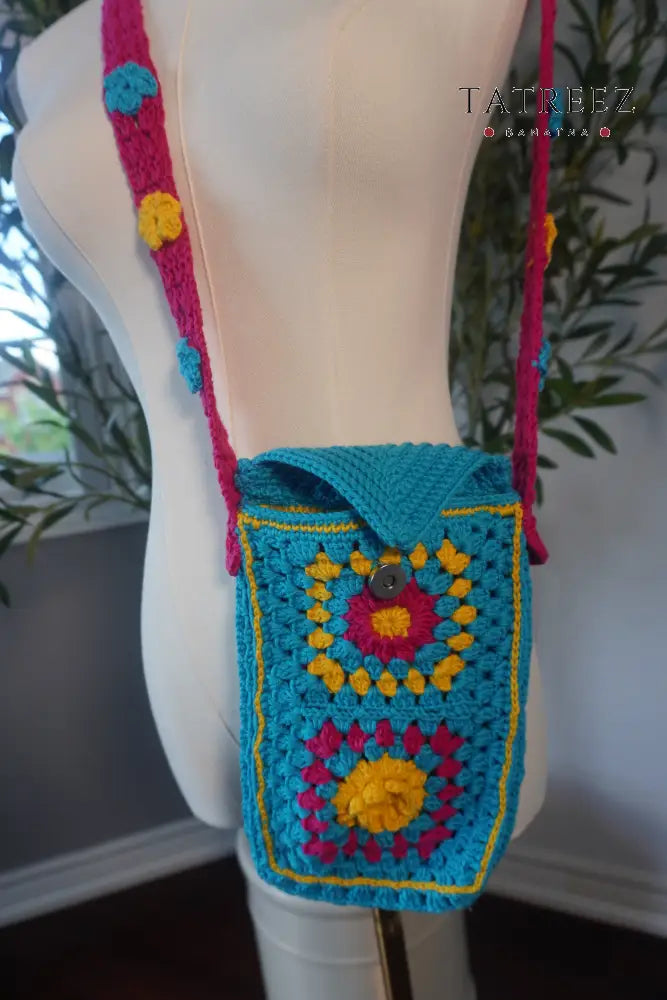 Colorful Handmade Crochet Phone Case - Fuchsia Yellow and Blue Floral Design Accessories