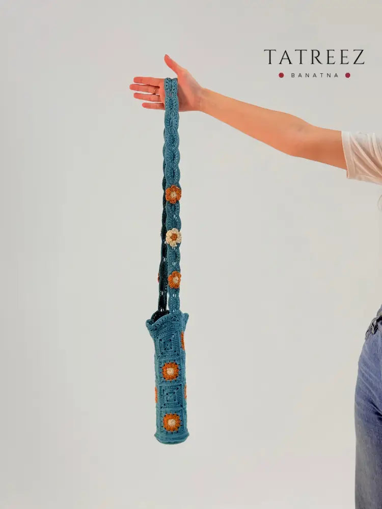 Crochet Bottle Holder | Blue & Orange Geometric | Tatreez Banatna Accessories