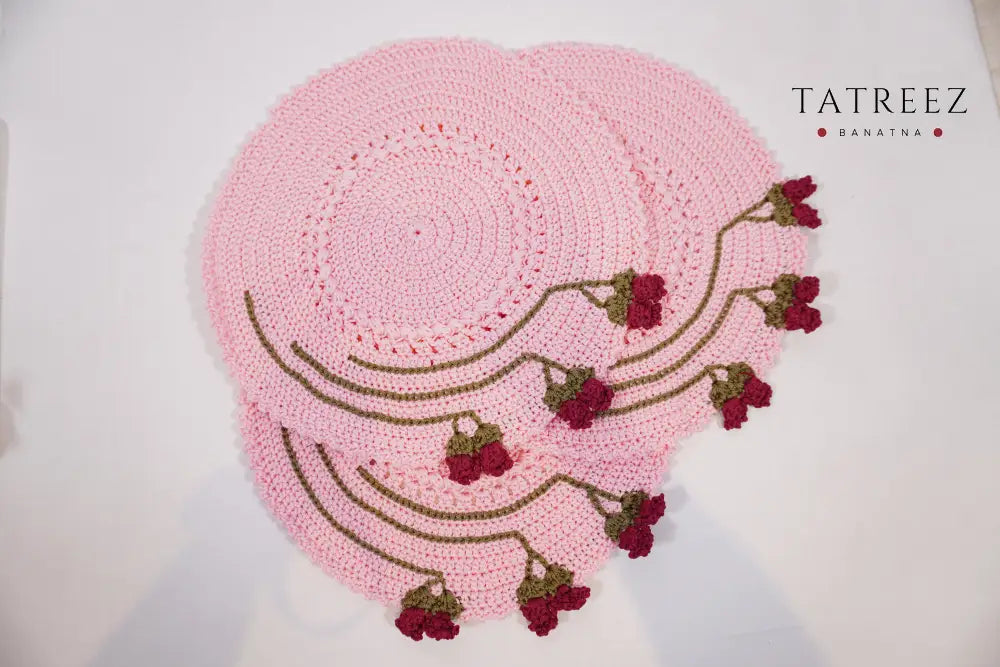 Crochet Round Placemats | Floral Table Decor Set | Tatreez Banatna Bright Pink Accessories