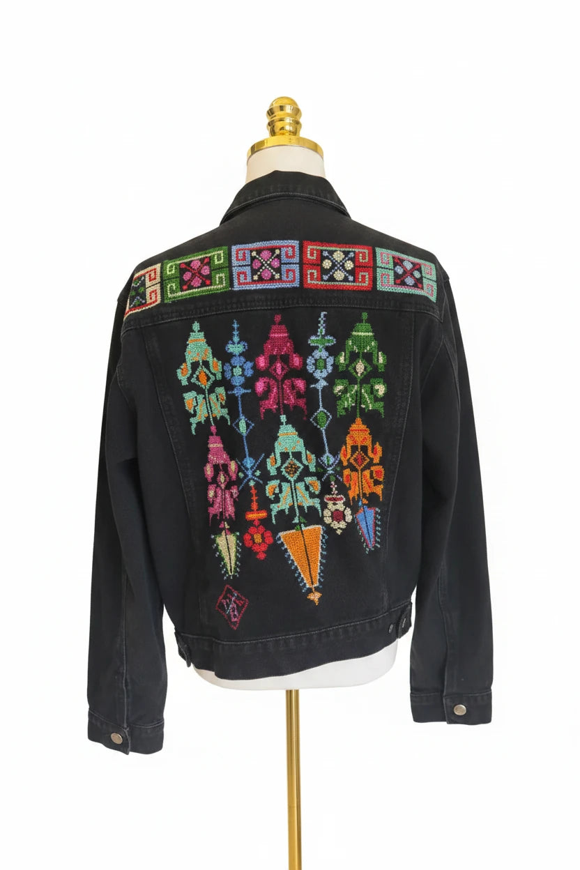 Dalla Jacket: Black with Handcrafted Palestinian Embroidery in Vibrant Colors Clothing & Wearables