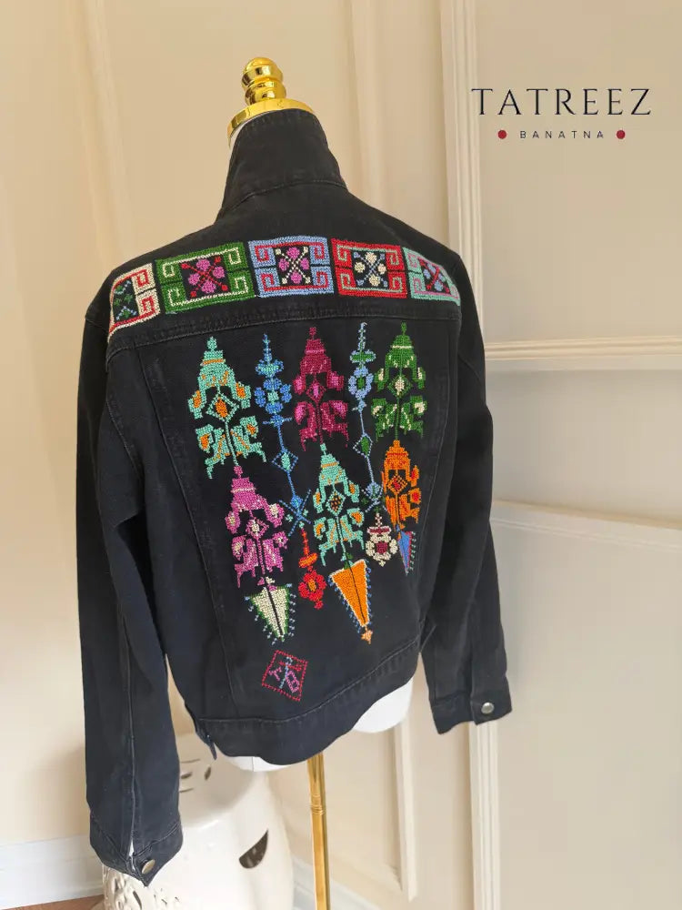 Dalla Jacket: Black with Handcrafted Palestinian Embroidery in Vibrant Colors Clothing & Wearables