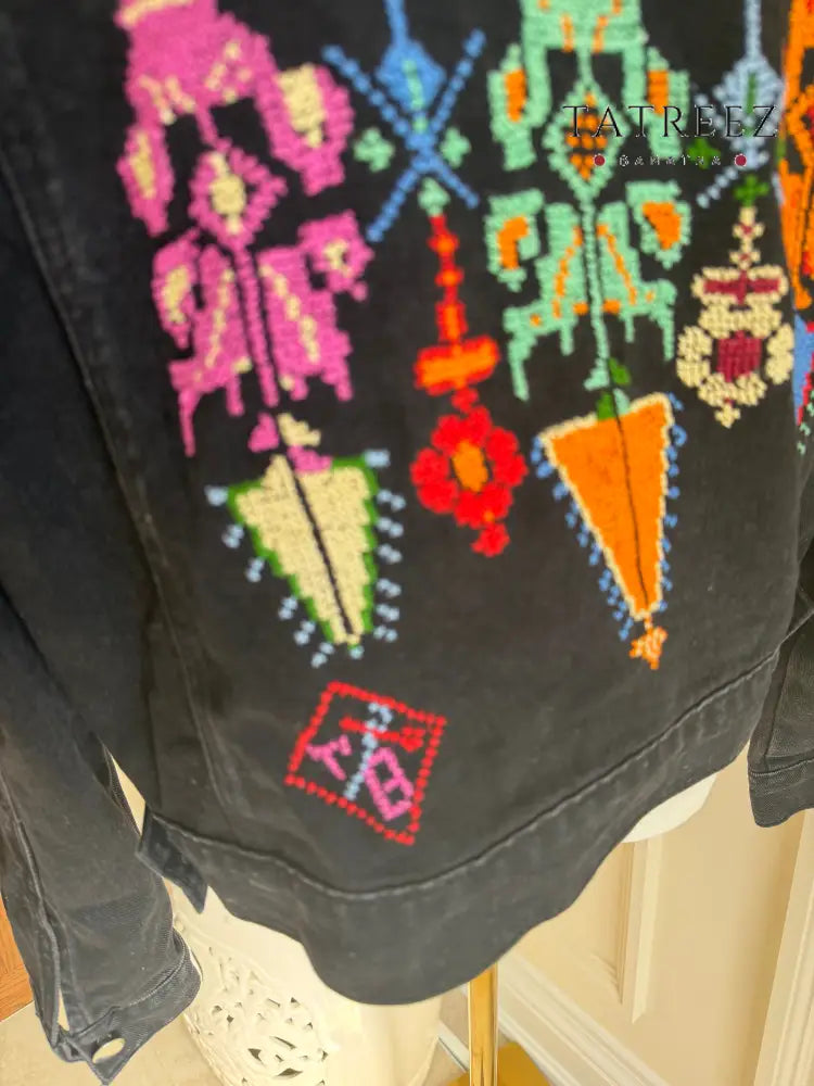 Dalla Jacket: Black with Handcrafted Palestinian Embroidery in Vibrant Colors Clothing & Wearables