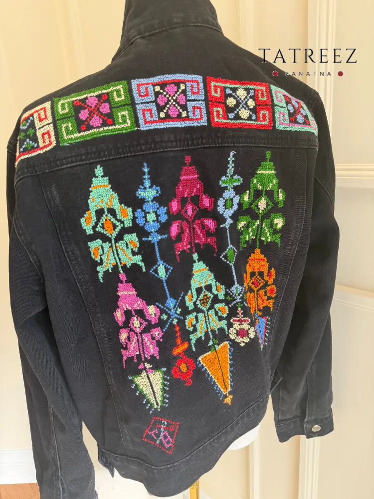 Dalla Jacket: Black with Handcrafted Palestinian Embroidery in Vibrant Colors Clothing & Wearables