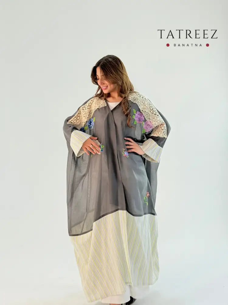 Handmade Pink/Grey Tatreez Bisht – Elegant Embroidery & Lace | Tatreez Banatna Clothing & Wearables