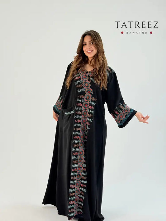 Dania: Elegant Black Linen Abaya with Handmade Palestinian Motifs | Customizable Sizes & Perfect for Any Occasion One