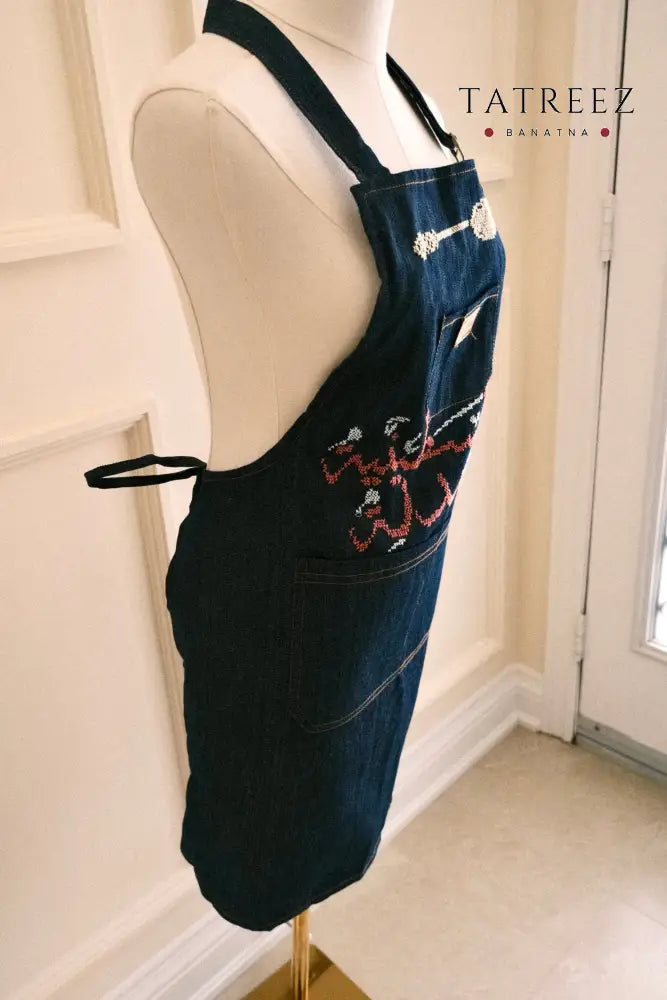 Denim Apron with Hand-Embroidered Palestinian Felestenea Mandala - Clothing & Wearables