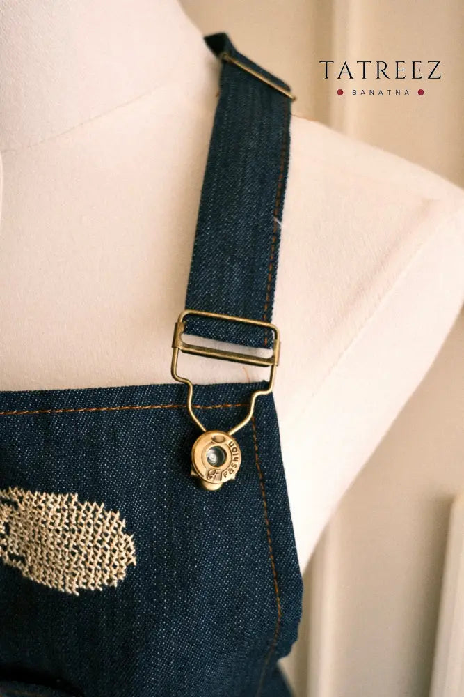 Denim Apron with Hand-Embroidered Palestinian Felestenea Mandala - Clothing & Wearables