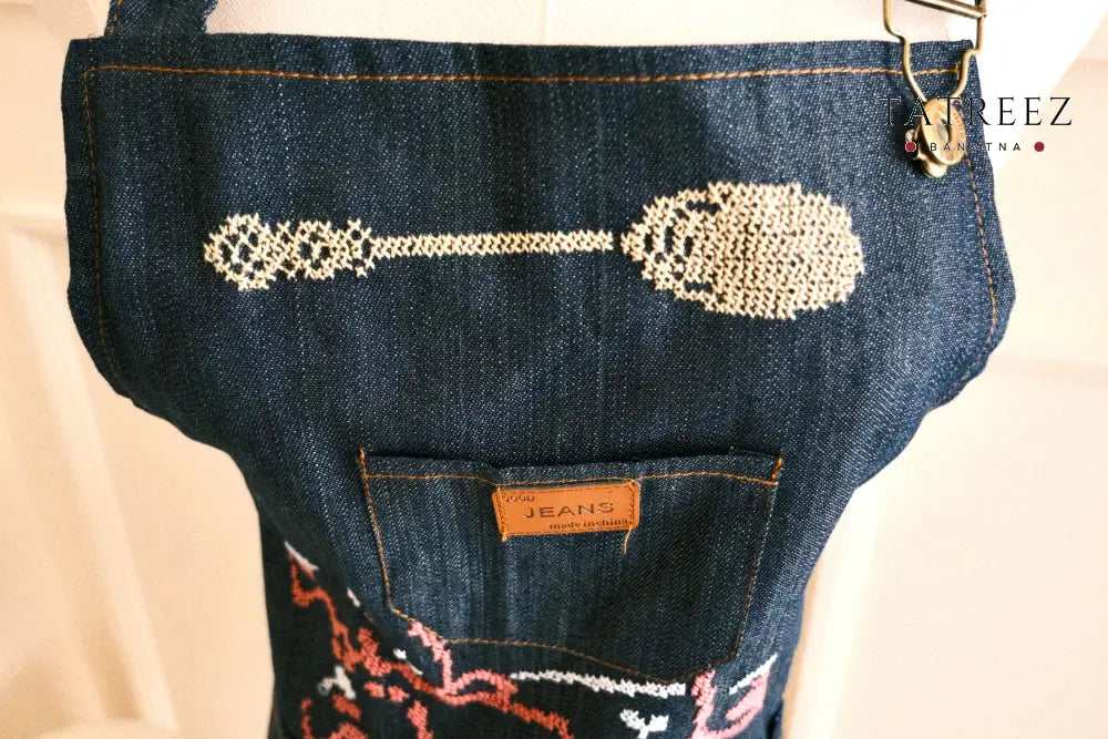 Denim Apron with Hand-Embroidered Palestinian Felestenea Mandala - Clothing & Wearables