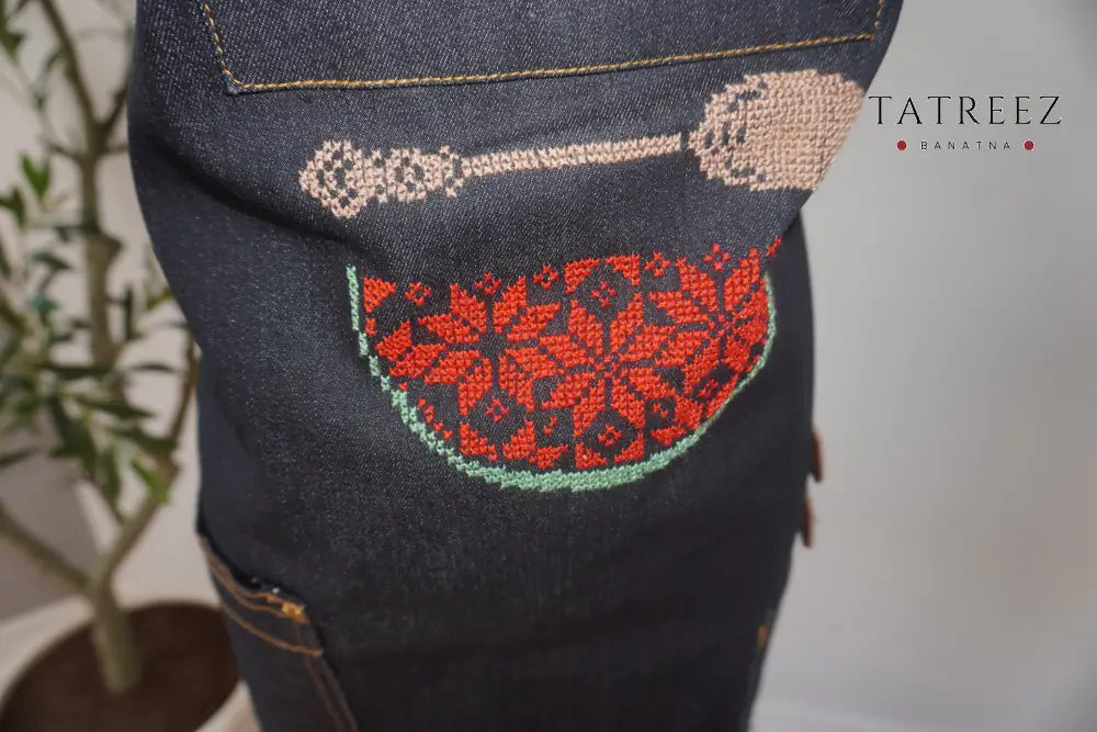 Denim Apron with Watermelon Design and Beige Spoon – Perfect for Cooking at Events or Barbecues Clothing & Wearables