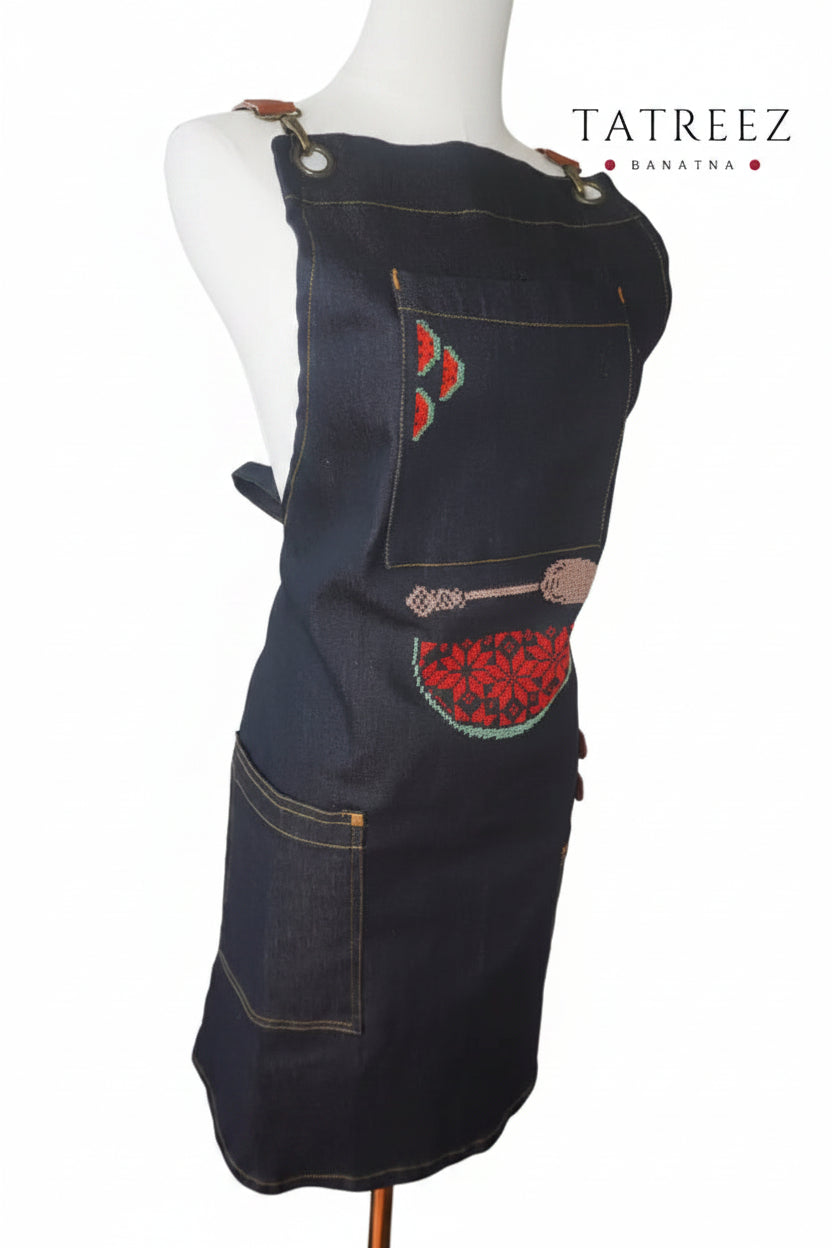 Denim Apron with Watermelon Design and Beige Spoon – Perfect for Cooking at Events or Barbecues Clothing & Wearables