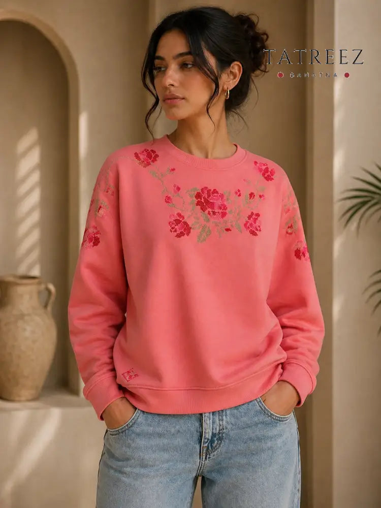 Dreamy Flower Sweater – Hand-Embroidered Palestinian Tatreez - Clothing & Wearables