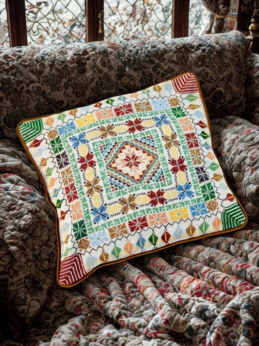 Hand-embroidered decorative cushion covers featuring colorful Palestinian tatreez geometric patterns, adding cultural heritage and warmth to living spaces, handmade by women artisans from Palestine and Jordan. 