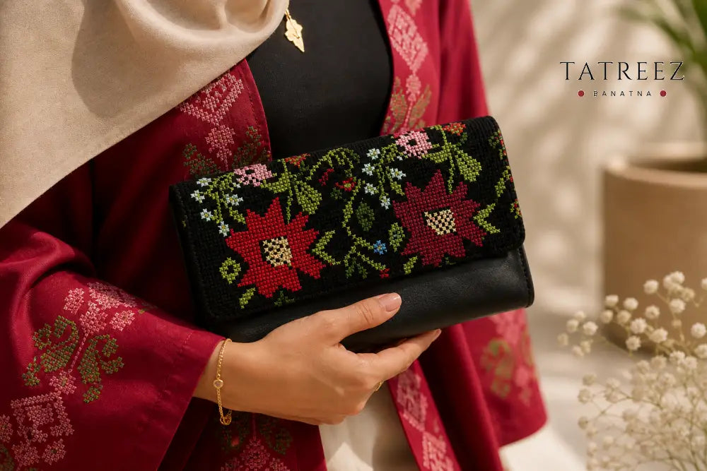 Elegant Black Clutch with Falahi Embroidery – Handcrafted by Resilient Banatna Artisans - Accessories