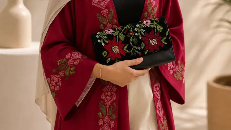 Elegant Black Clutch with Falahi Embroidery – Handcrafted by Resilient Banatna Artisans - Accessories