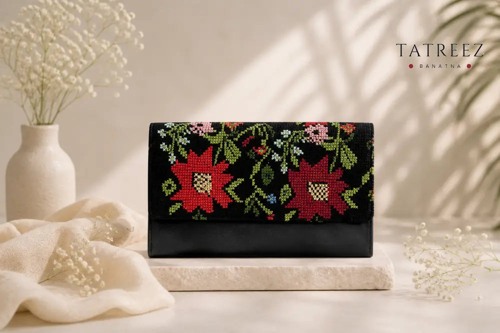 Elegant Black Clutch with Falahi Embroidery – Handcrafted by Resilient Banatna Artisans - Accessories