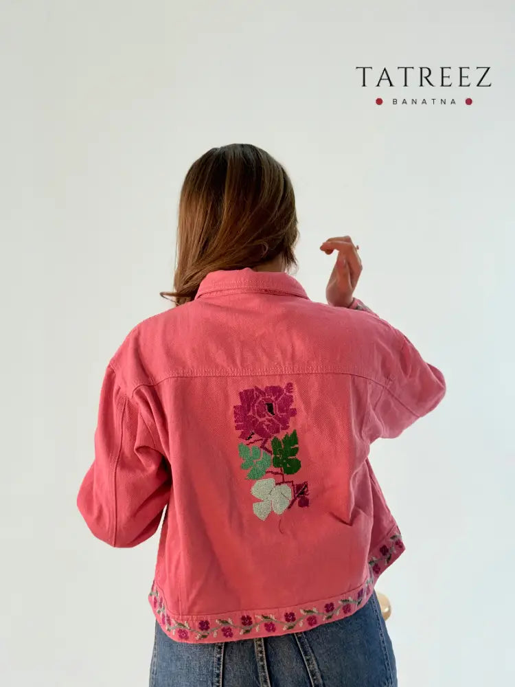 Elegant Handmade Tatreez Pink Jeans Jacket for Women | Unique Fashion Statement Clothing & Wearables