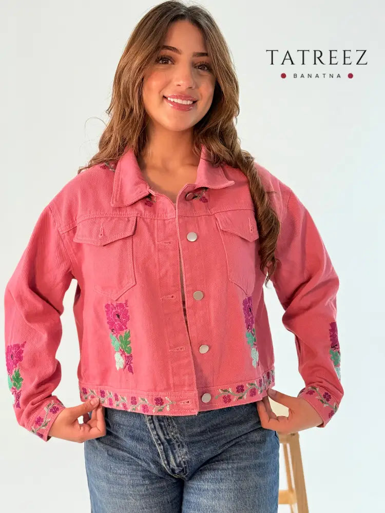 Elegant Handmade Tatreez Pink Jeans Jacket for Women | Unique Fashion Statement Clothing & Wearables