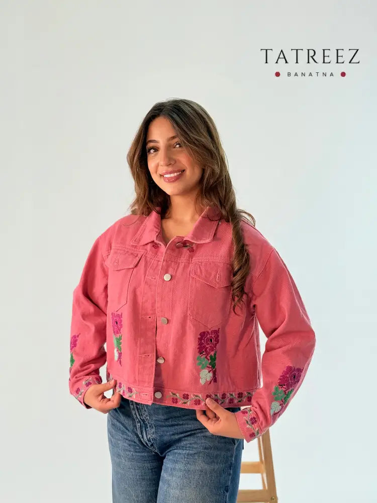 Elegant Handmade Tatreez Pink Jeans Jacket for Women | Unique Fashion Statement Clothing & Wearables