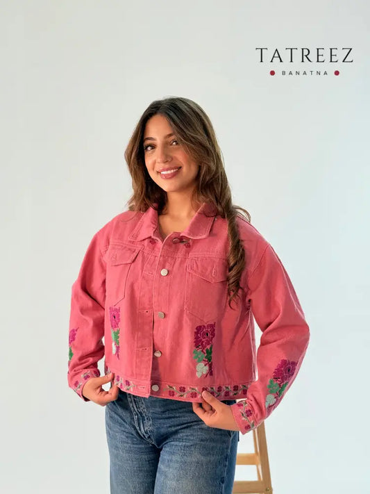 Elegant Handmade Tatreez Pink Jeans Jacket for Women | Unique Fashion Statement Clothing & Wearables