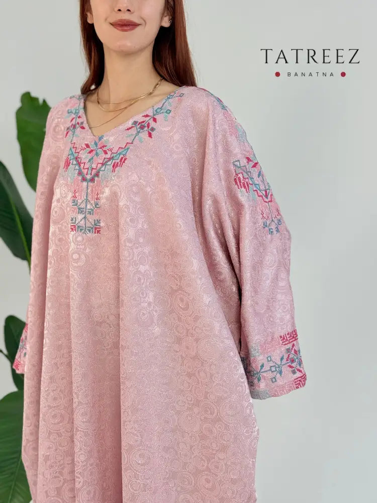 Elegant Pink Farasha Abaya with Handmade Embroidery – Comfortable Crepe Jacquard One size Clothing & Wearables