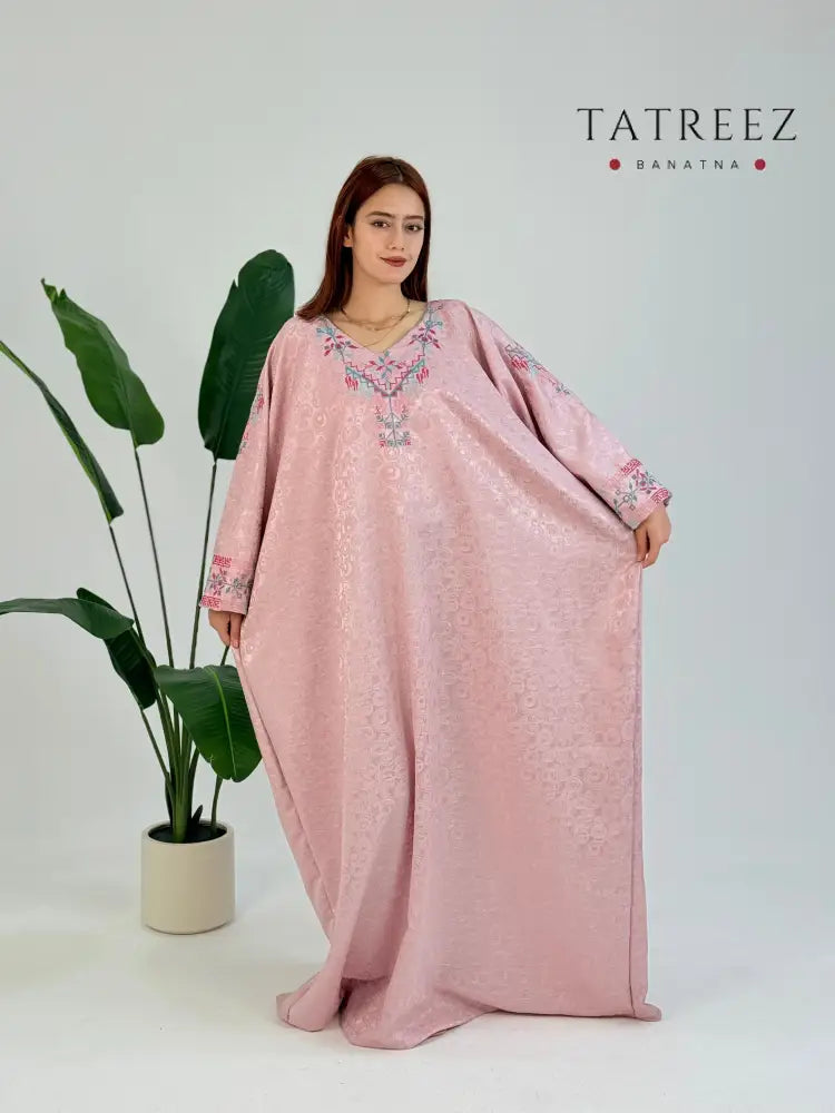 Elegant Pink Farasha Abaya with Handmade Embroidery – Comfortable Crepe Jacquard One size Clothing & Wearables