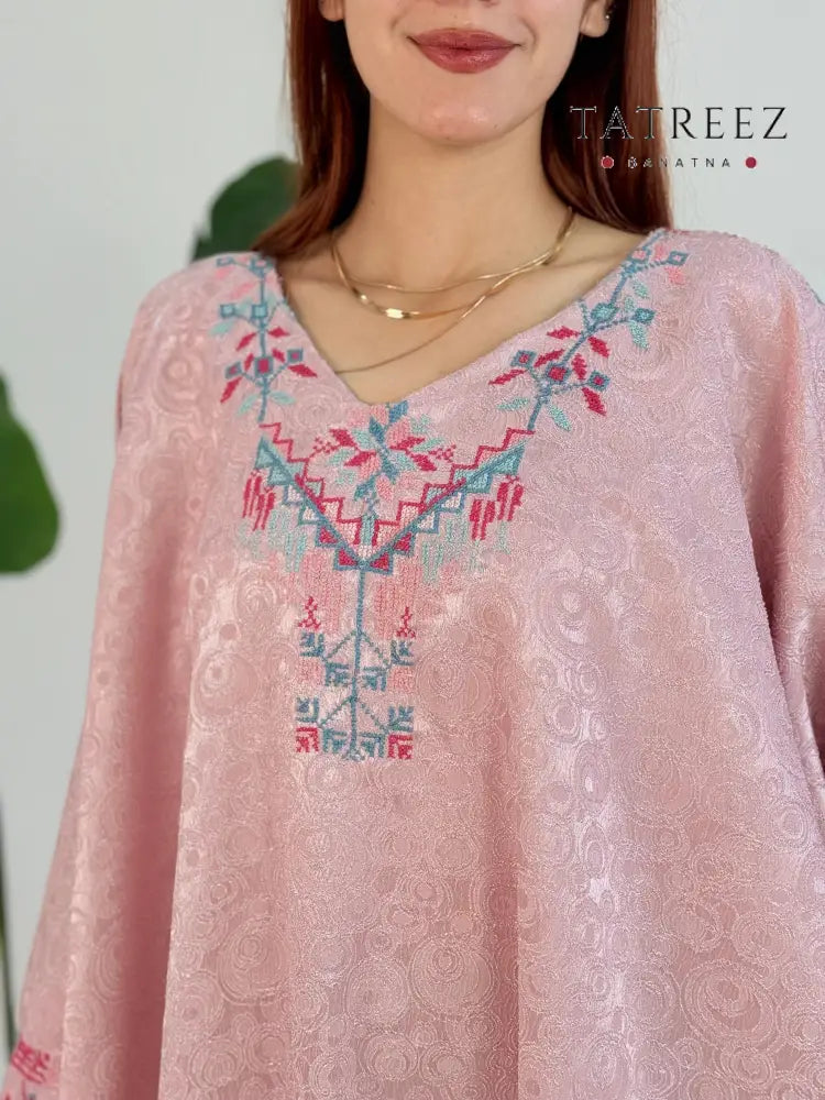 Elegant Pink Farasha Abaya with Handmade Embroidery – Comfortable Crepe Jacquard One size Clothing & Wearables