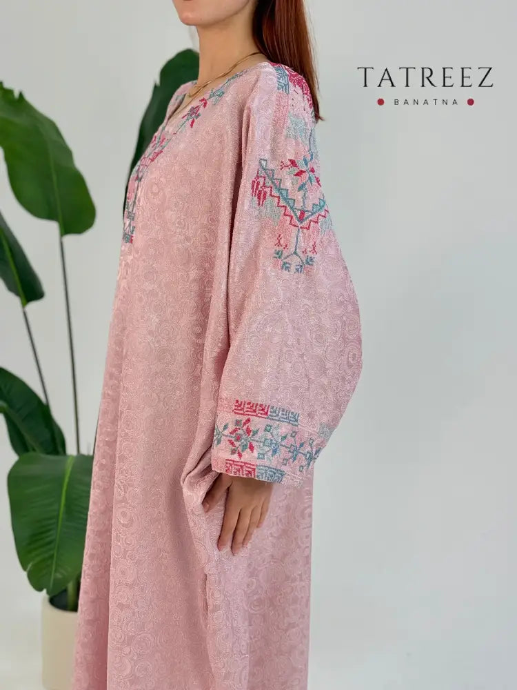 Elegant Pink Farasha Abaya with Handmade Embroidery – Comfortable Crepe Jacquard One size Clothing & Wearables