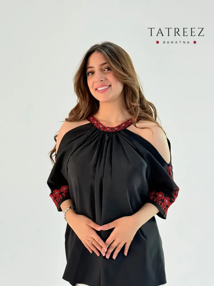 Elegant Shoulder-Cut Top with Palestinian Embroidery | Customizable Twill Fabric Design One size Clothing & Wearables