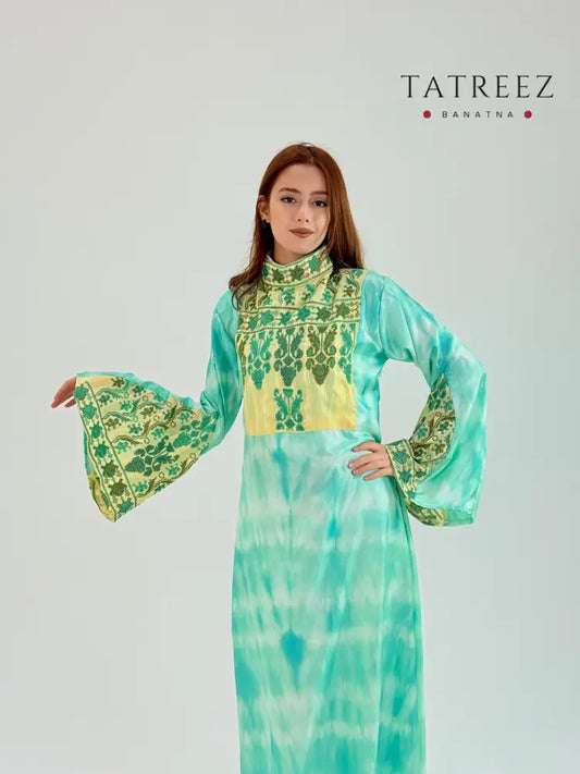 Exquisite Green and Yellow Abaya with Elegant Handmade Embroidery – Customizable Elegance One size Clothing & Wearables