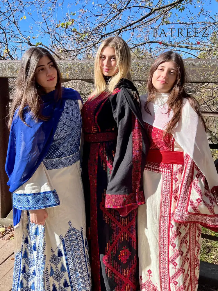 Exquisite Hand-Made Off-White Thoub with Red and Orange Palestinian Embroidery from Yata Al Khalil One size Clothing &