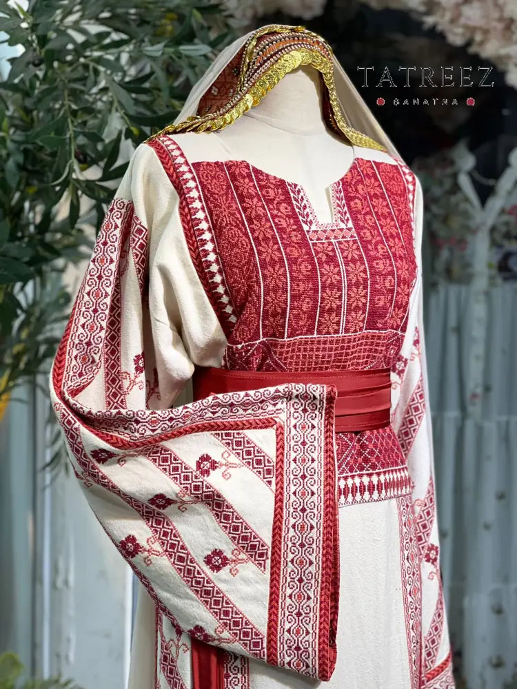 Exquisite Hand-Made Off-White Thoub with Red and Orange Palestinian Embroidery from Yata Al Khalil One size Clothing &