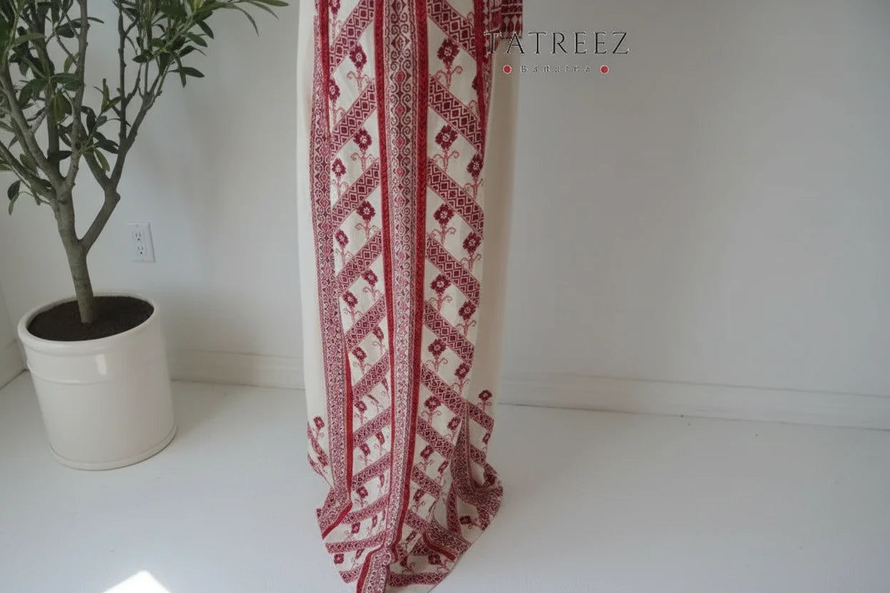 Exquisite Hand-Made Off-White Thoub with Red and Orange Palestinian Embroidery from Yata Al Khalil One size Clothing &