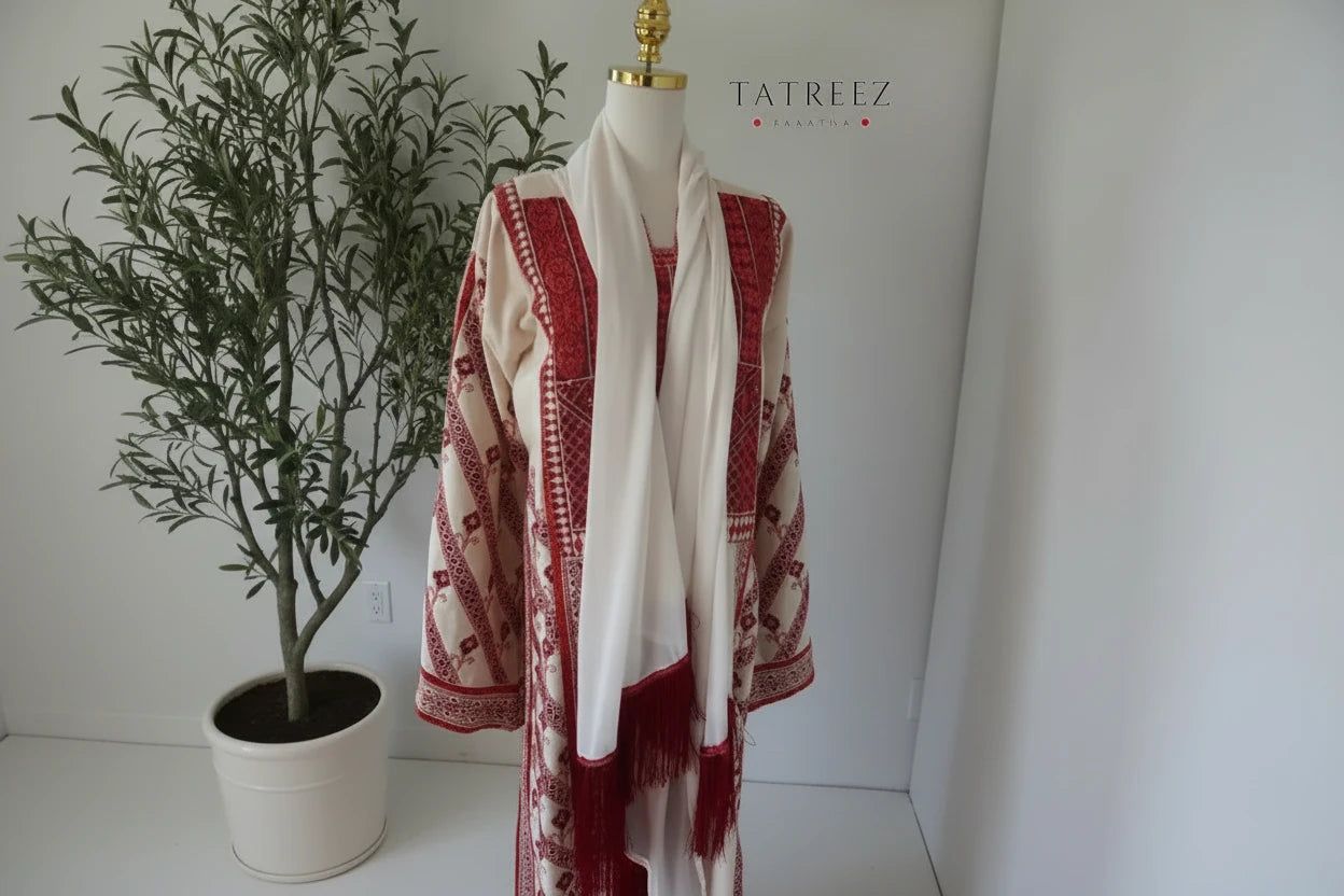 Hand-made off-white thoub from Yata Al Khalil with vibrant red and orange Palestinian embroidery. Comes with an off-white shawl with sharasheeb and a silk belt.