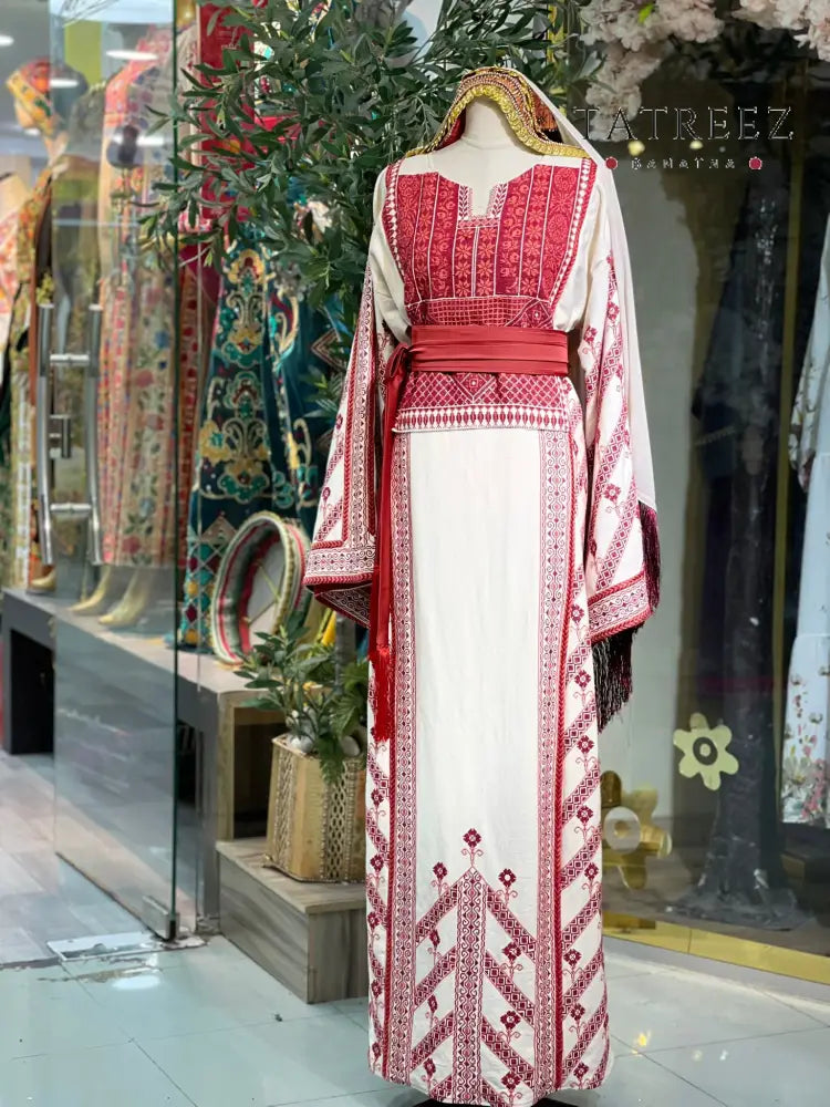 Exquisite Hand-Made Off-White Thoub with Red and Orange Palestinian Embroidery from Yata Al Khalil One size Clothing &