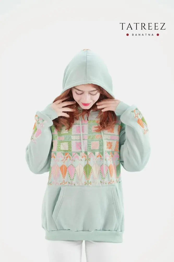 Fantasy Light Green Hoodie with Handmade Embroidery - Clothing & Wearables